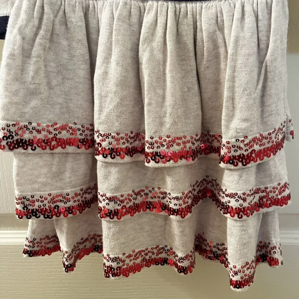 Mini Boden Tiered Ruffle Sequin Bow Sweater Knit Dress Christmas Girls Size 4-5